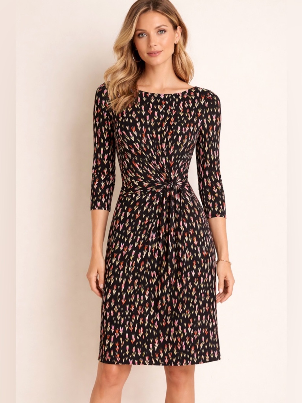 DHELA London Floral Pleated Drape Skirt Stretch Jersey 3/4 Sleeve Dress US 4 UK8